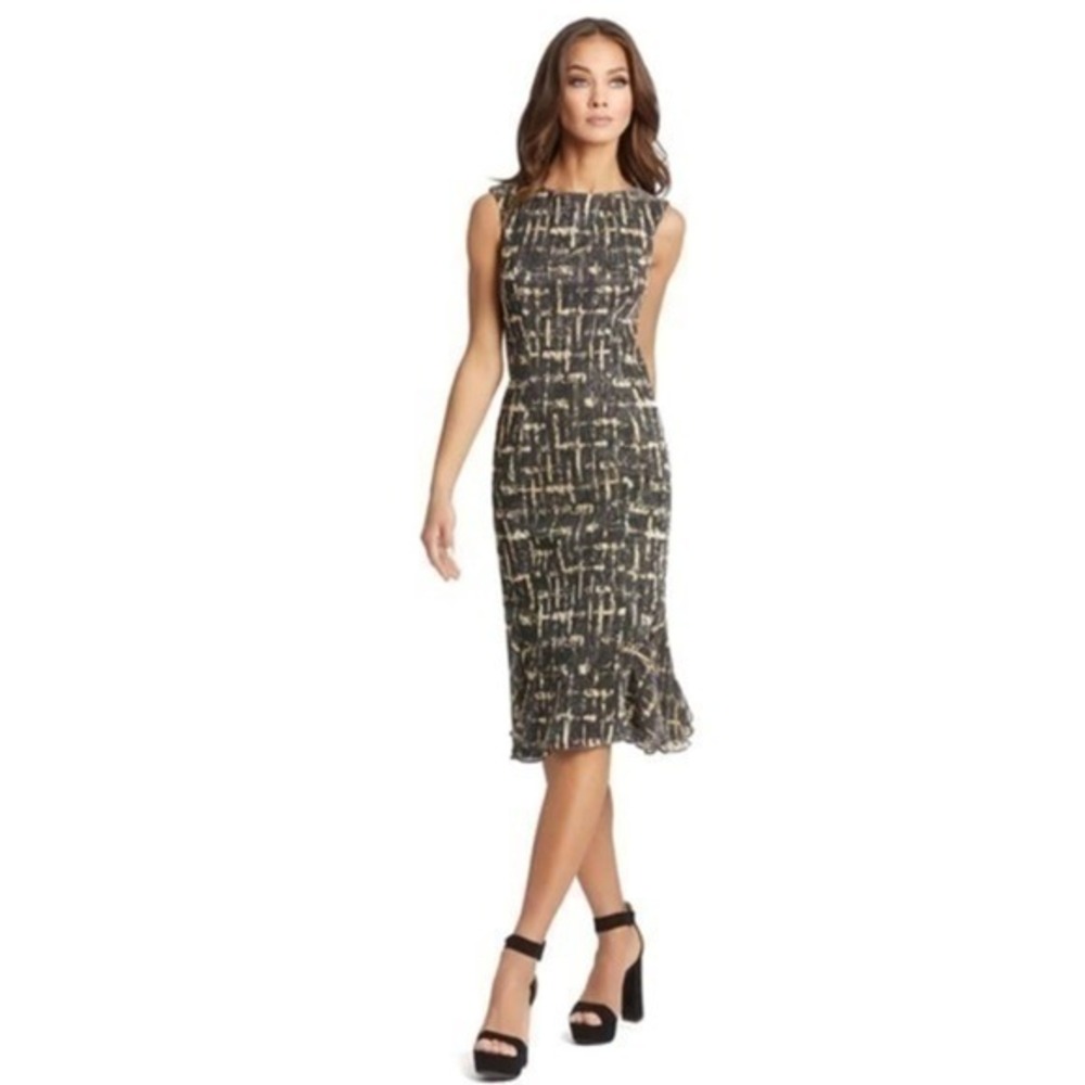 Ieena for Mac Duggal Black and Gold Knee Length Sheath Print Dress Size 6 NWT
